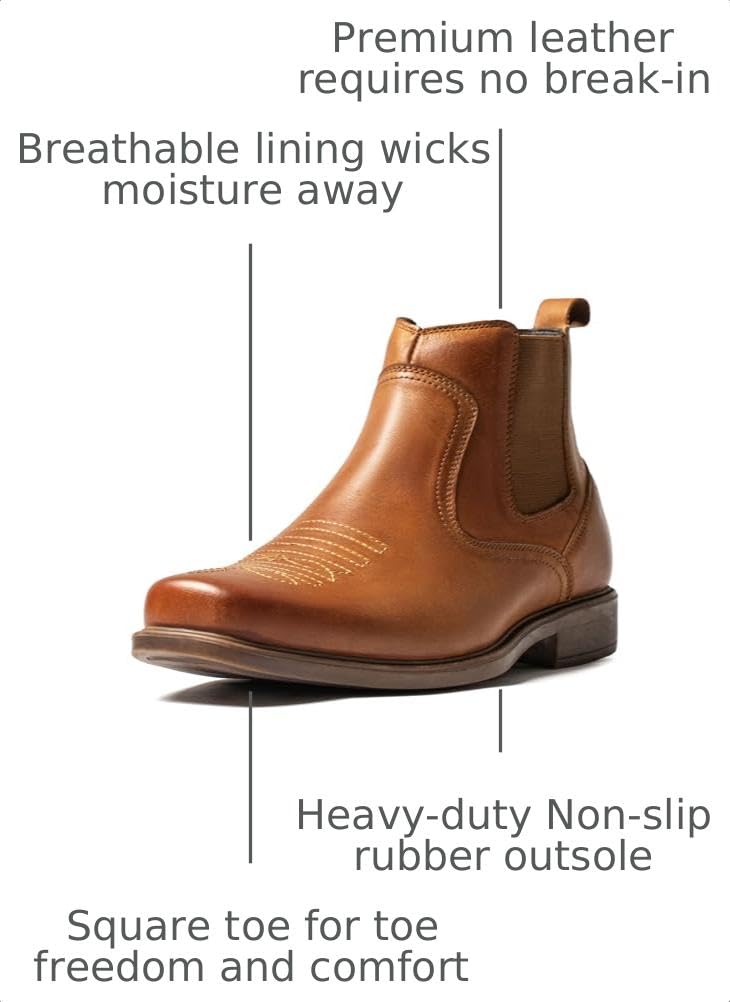 Cowboy Boots for Men Square Toe Leather Ankle Western Chelsea Slip On Boots O685