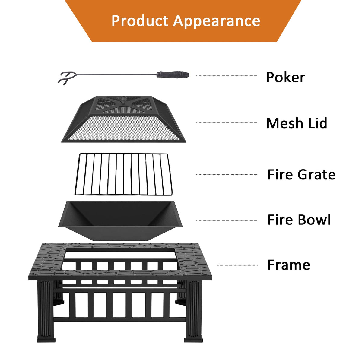 32 Inch Metal Square Outdoor Wood Burning Fire Pit Table F906645