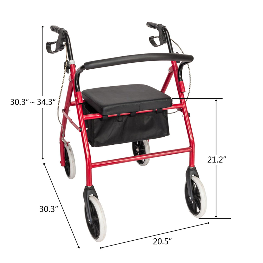 Heavy Duty Upright Rollator Walker with Padded Seat, Backrest, Height Adjustable Black & Red S237