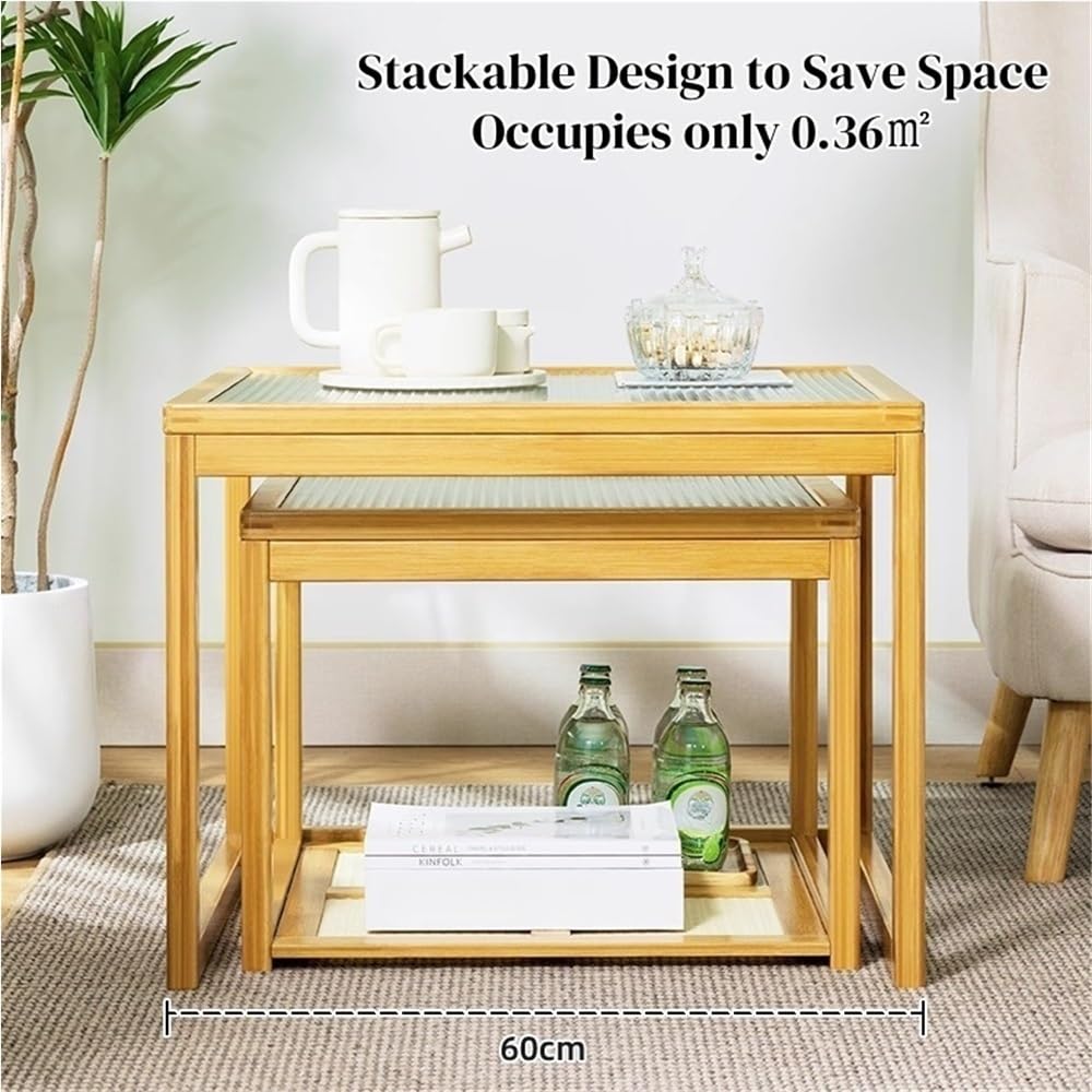 Set of 2 Square Glass Top Rattan Storage Coffee Table C56816