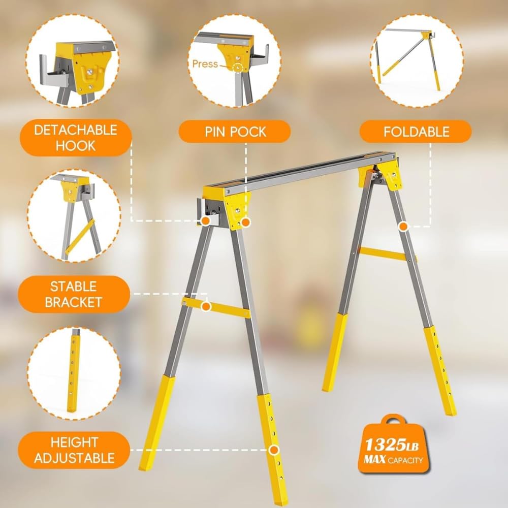 Heavy Duty Folding Sawhorses 2-Pack with 6 Height Adjustments R36543