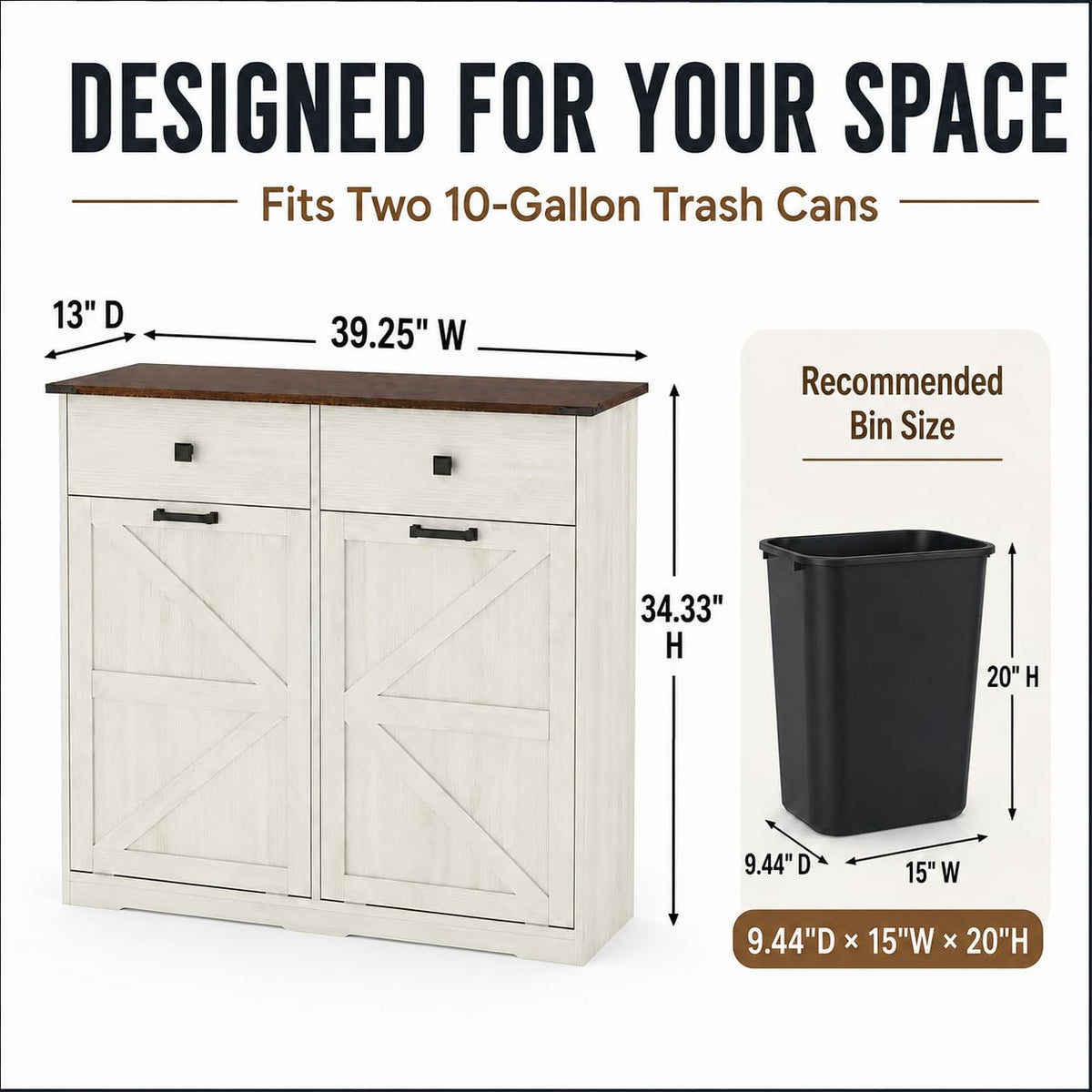 White Double Tilt Out Trash Cabinet V234