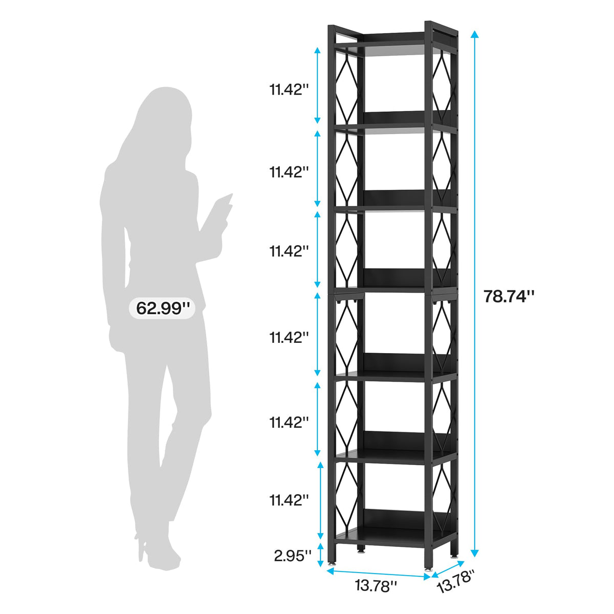 78.7 Inch Tall Skinny Narrow Black Bookshelf Bookcase I602974