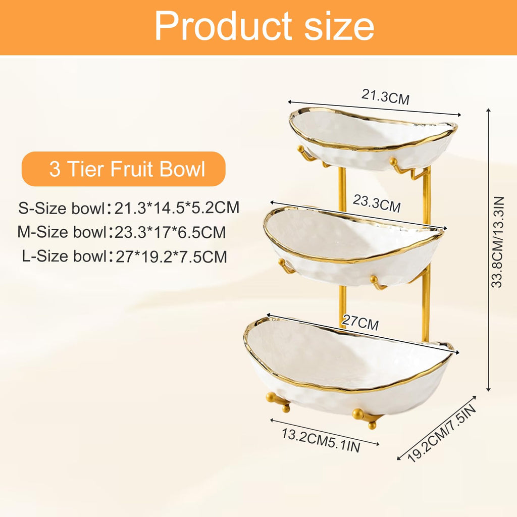 3 Tier Ceramic Fruit Bowl with Gold Metal Stand X73158