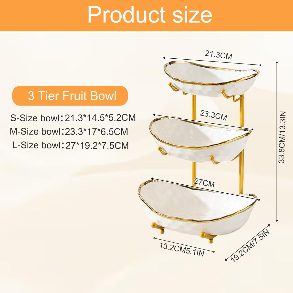 3 Tier Ceramic Fruit Bowl with Gold Metal Stand X73158