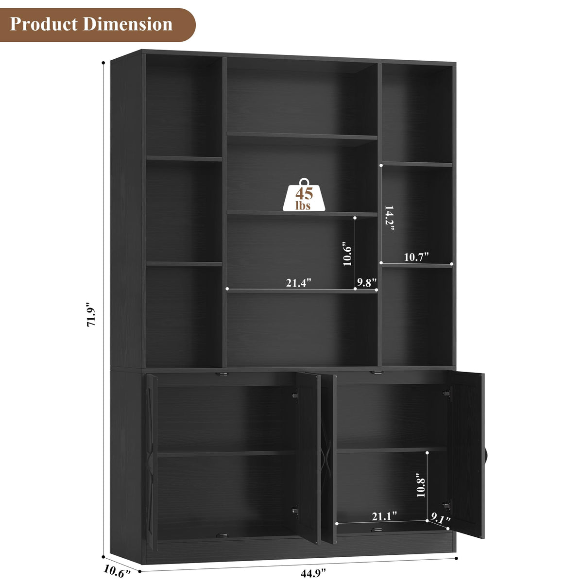 72" Tall Black Bookshelf with Storage M395807