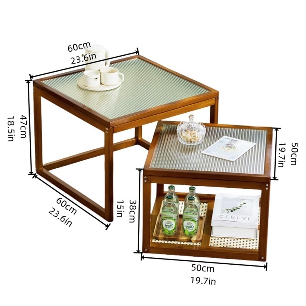 Set of 2 Square Glass Top Rattan Storage Coffee Table C56816