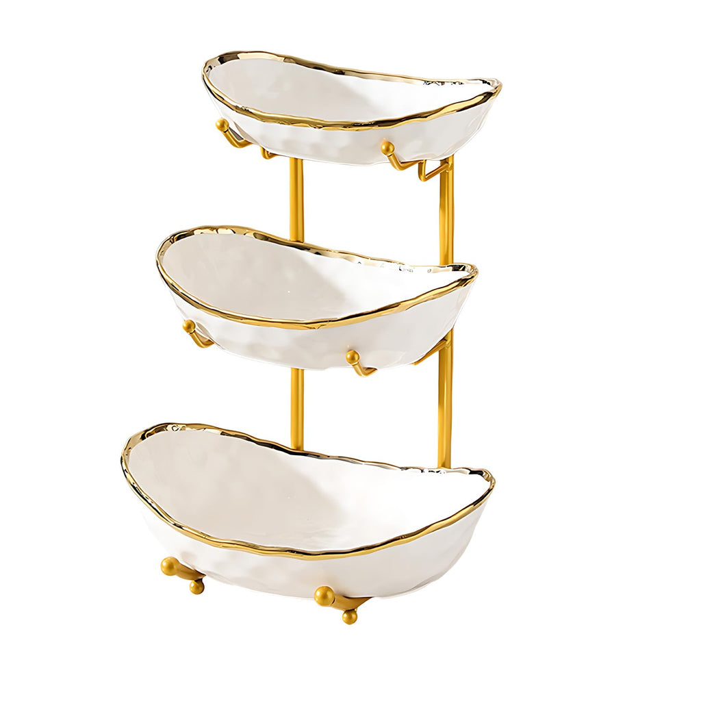 3 Tier Ceramic Fruit Bowl with Gold Metal Stand X73158