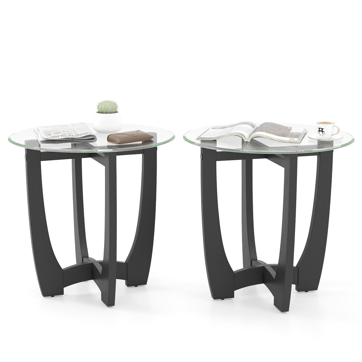 Glass Round End Table Set of 2, 23.5" Black C730