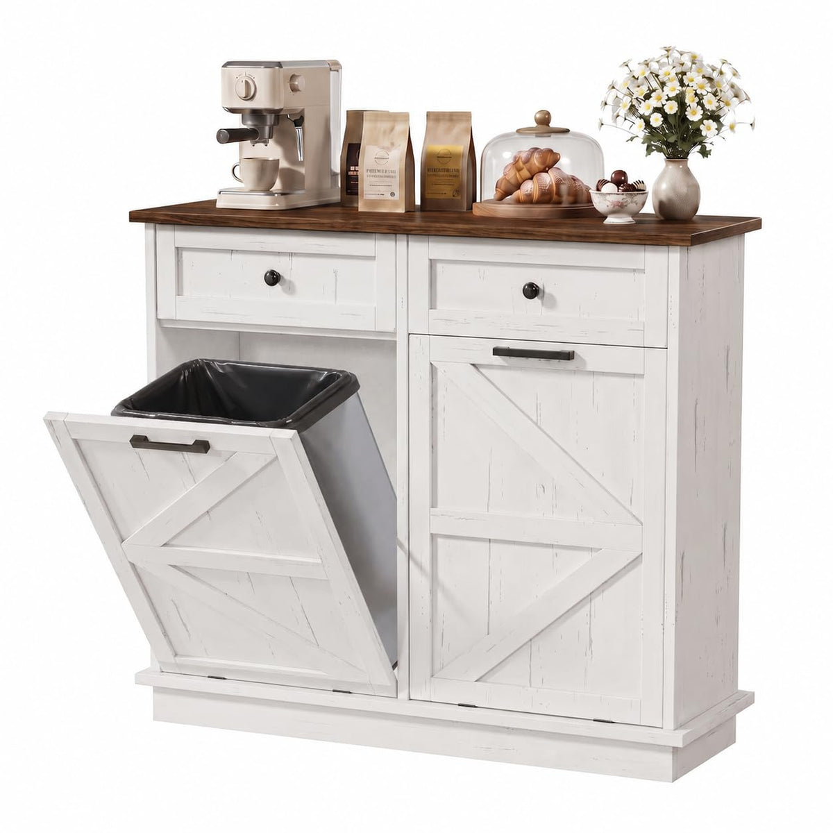 White Double Tilt Out Trash Can Cabinet with 2 Drawers U94547