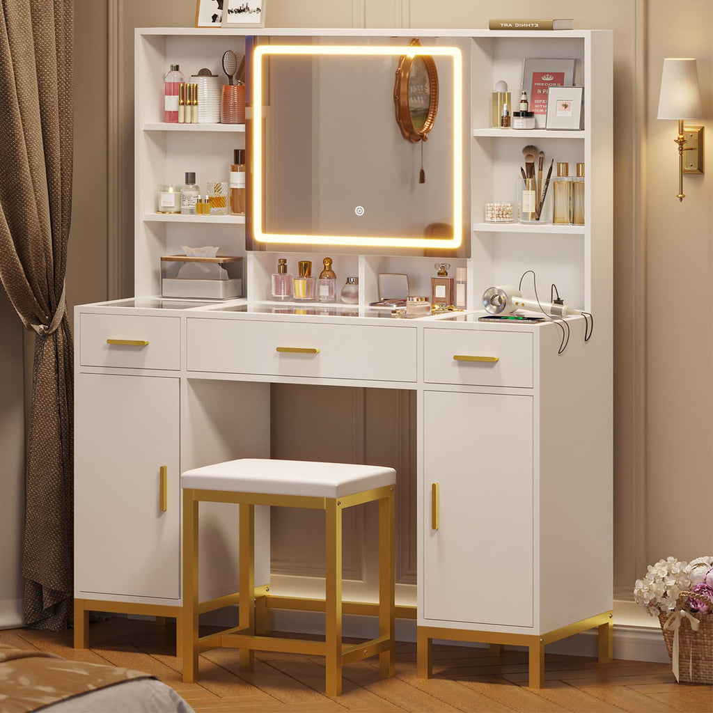 White Vanity Desk with Mirror and Lights O3127