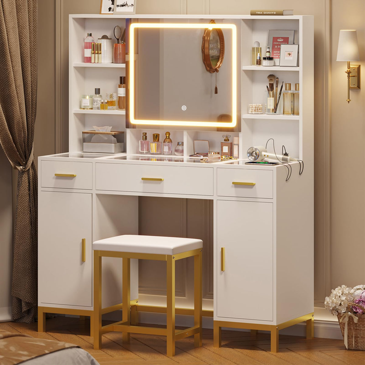 White Vanity Desk with Mirror and Lights O3127