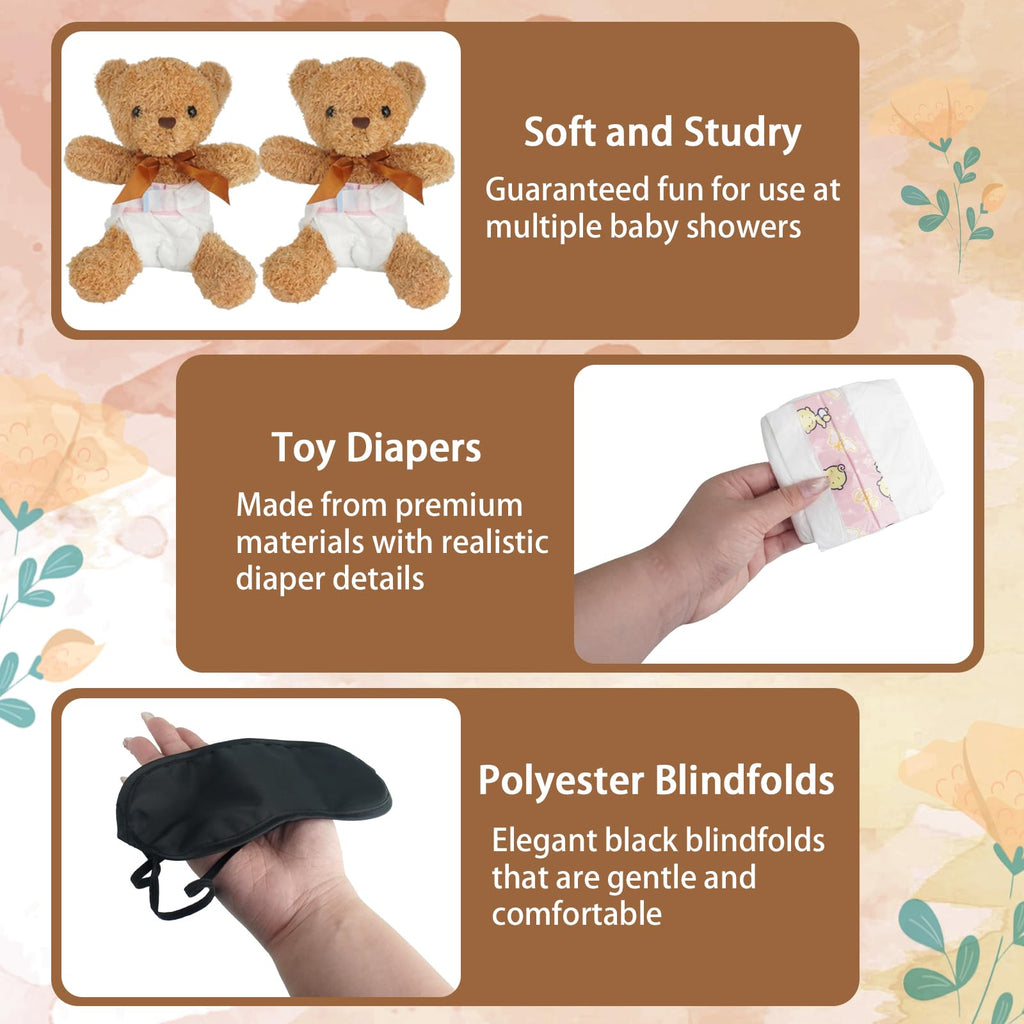 Baby Shower Games Set of 12 with Diapers, Baby Dolls, White Organza Bags and Blindfolds D715987