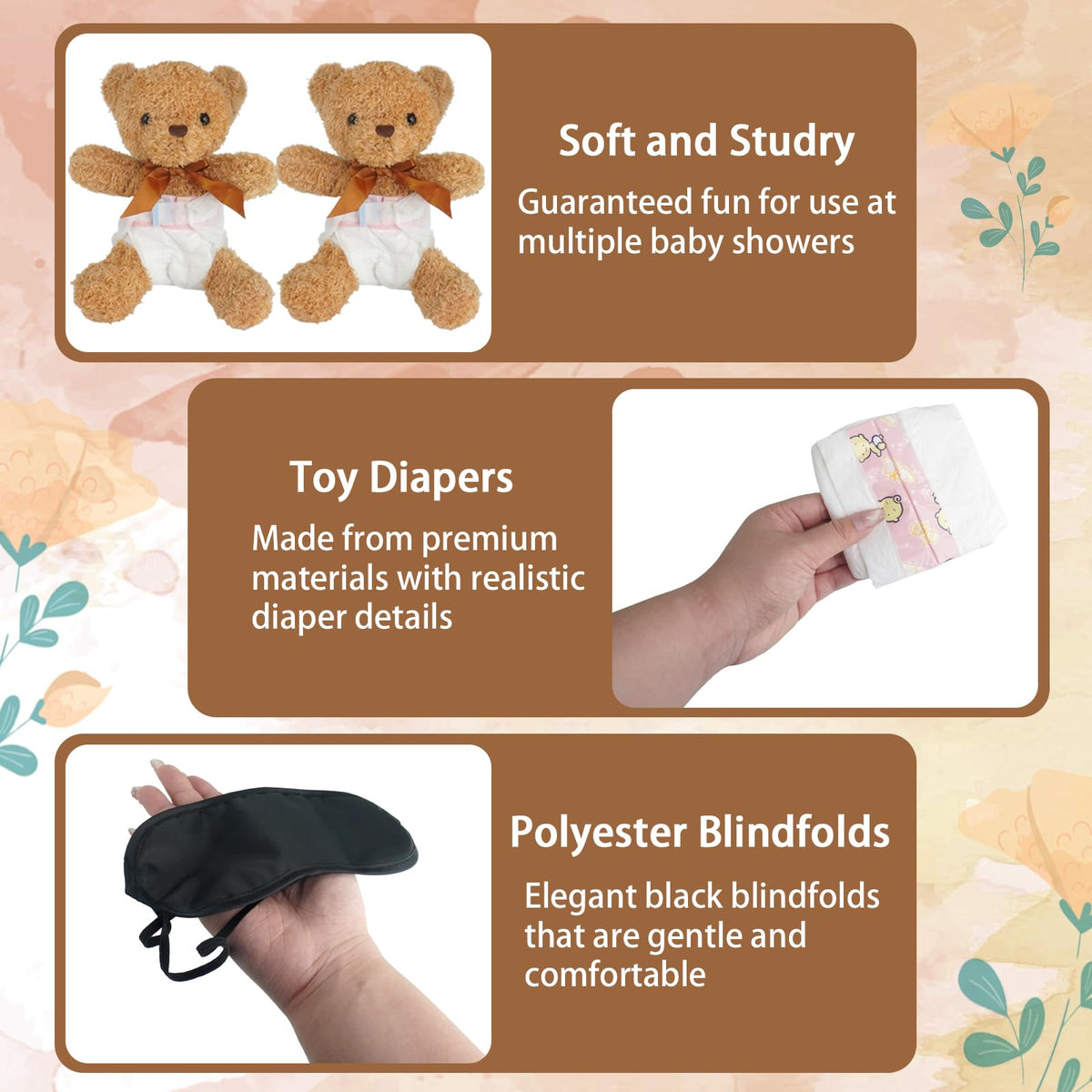 Baby Shower Games Set of 12 with Diapers, Baby Dolls, White Organza Bags and Blindfolds D715987
