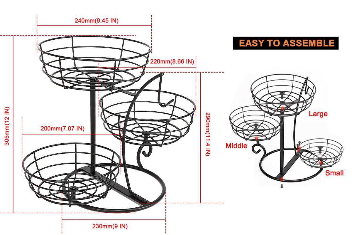 Fruit Basket Bowl with Banana Hanger, 3-Tier Metal Base Q989782