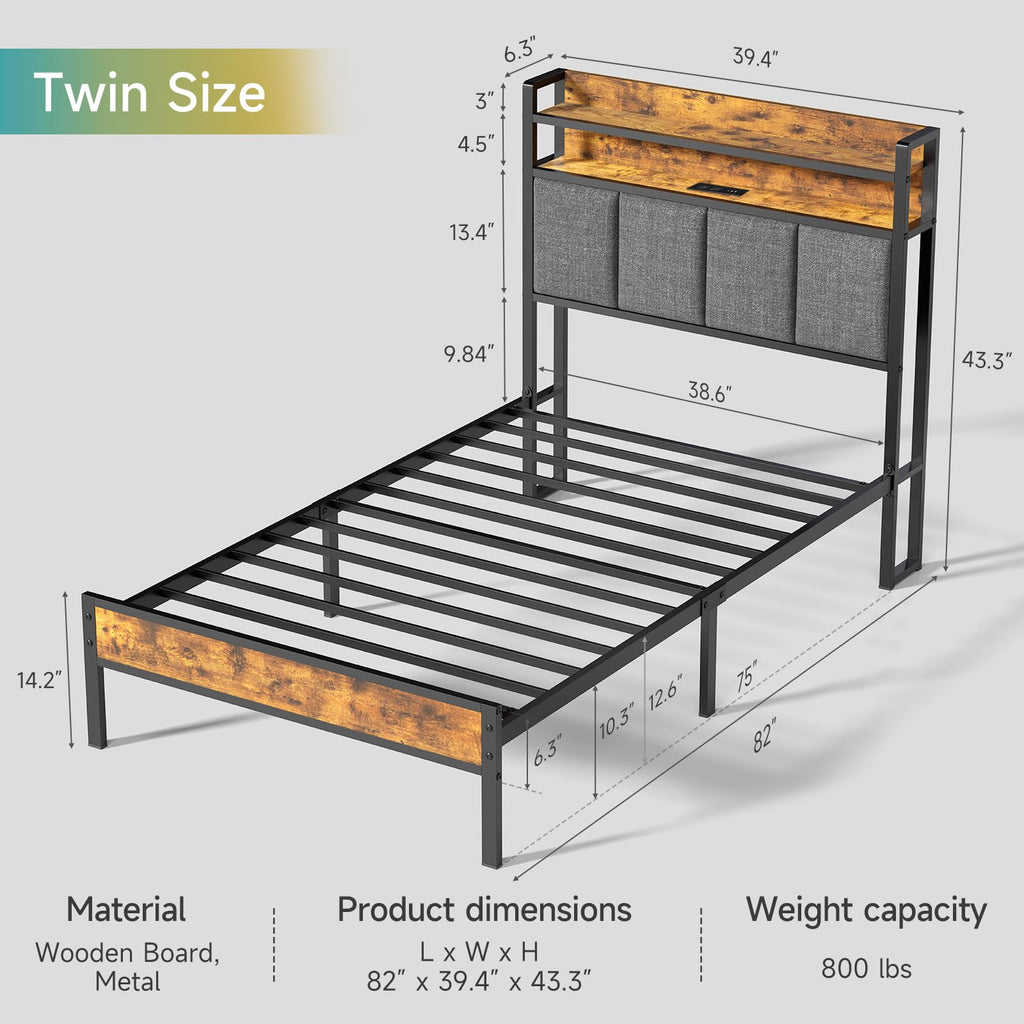 Twin Bed Frame with Upholstered Headboard V783963