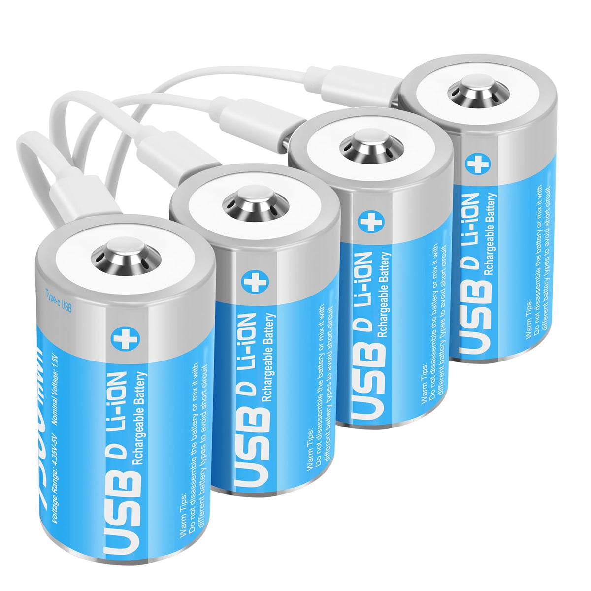 4 Pack 1.5V Rechargeable Lithium D Cell Batteries with USB-C Charge Cable M483