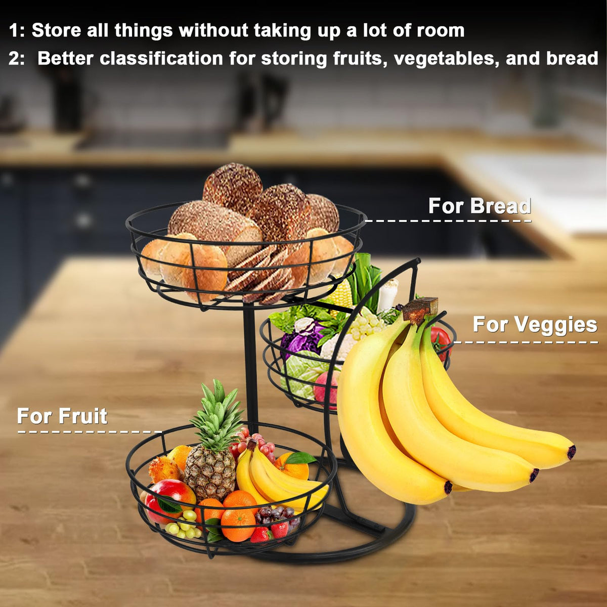 Fruit Basket Bowl with Banana Hanger, 3-Tier Metal Base Q989782