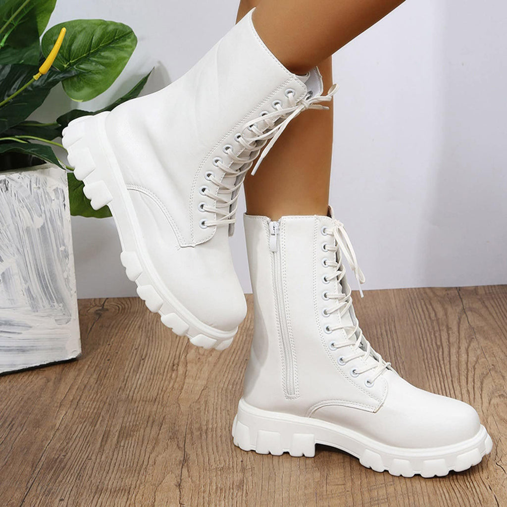Women's Lace Up Chunky Mid Calf Boots X312484