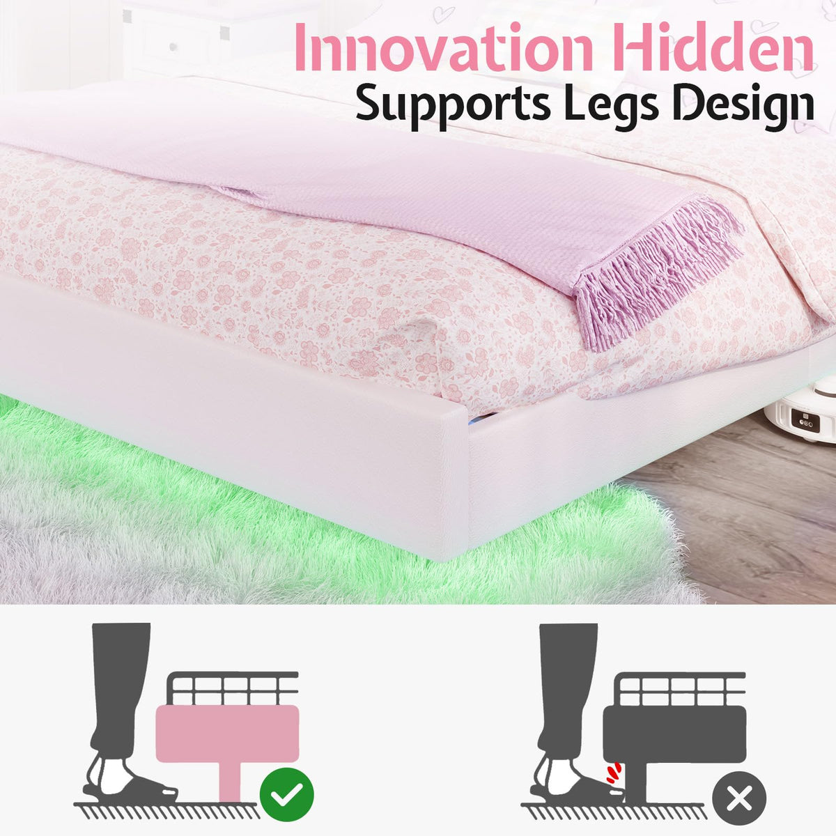 White Full Floating Bed Frame with Adjustable Headboard Q6730