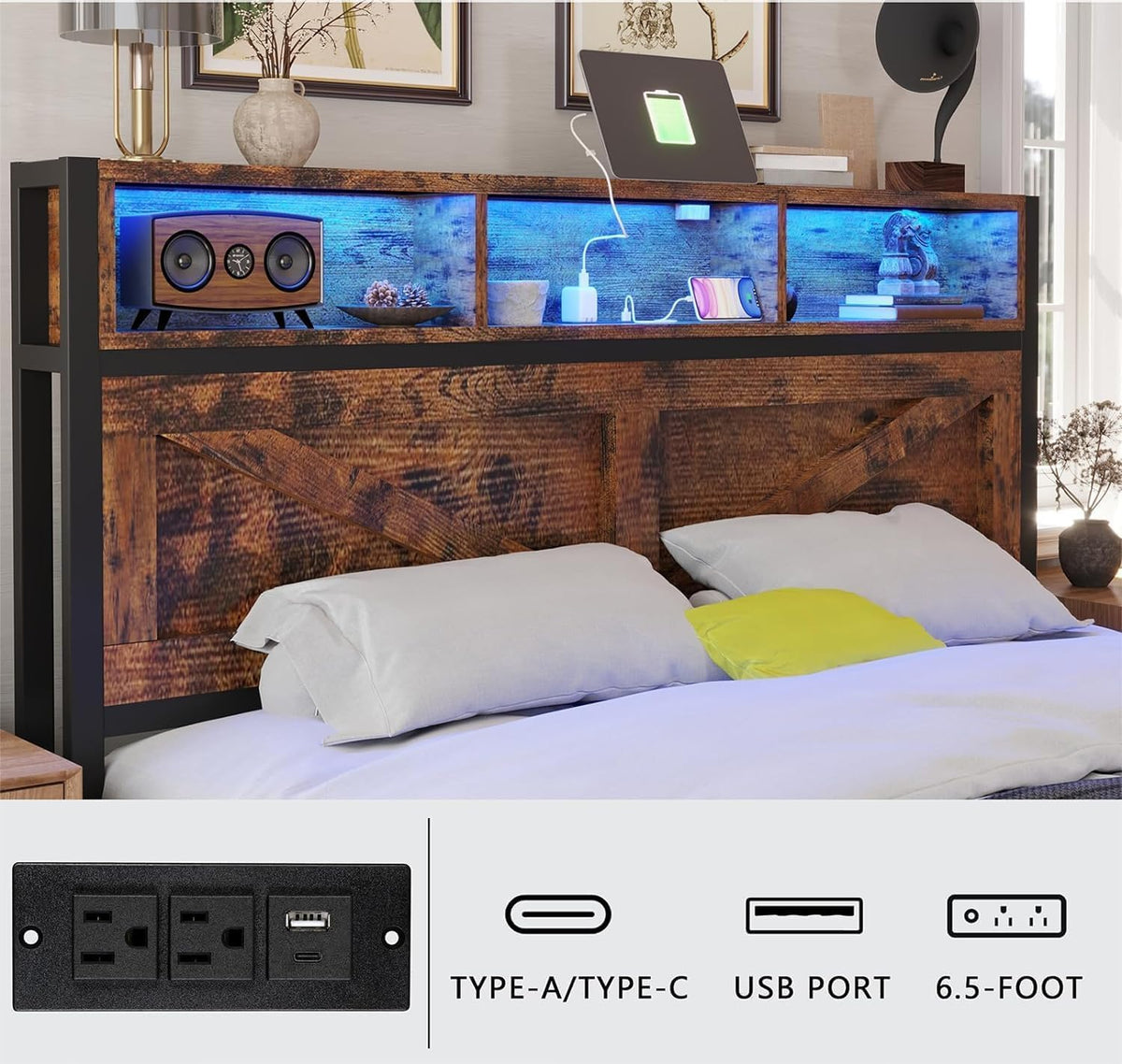 King Bed Frame with Storage Bookcase Headboard & Drawers, Brown U21935