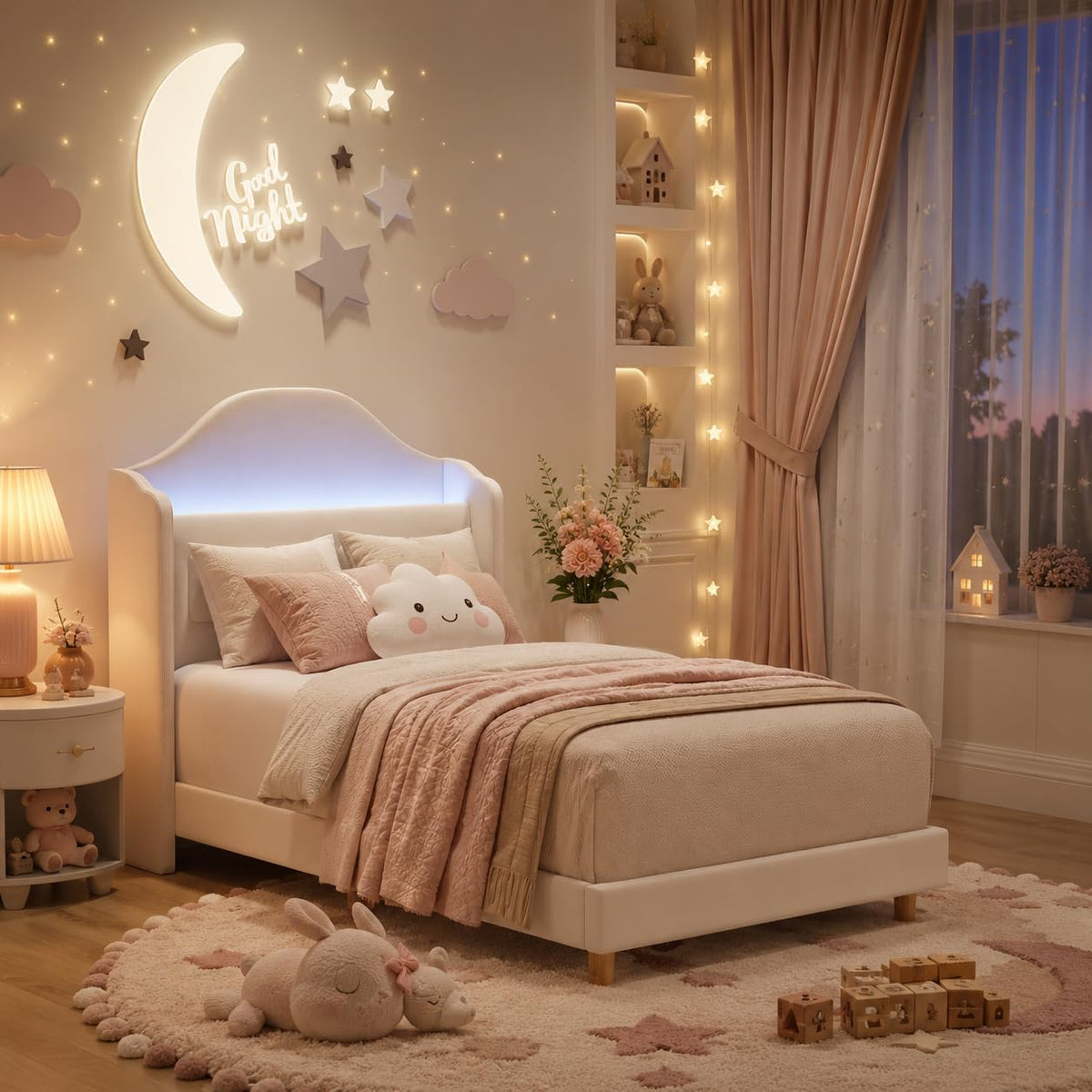 Beige Upholstered Platform Bed with LED Lights U14002