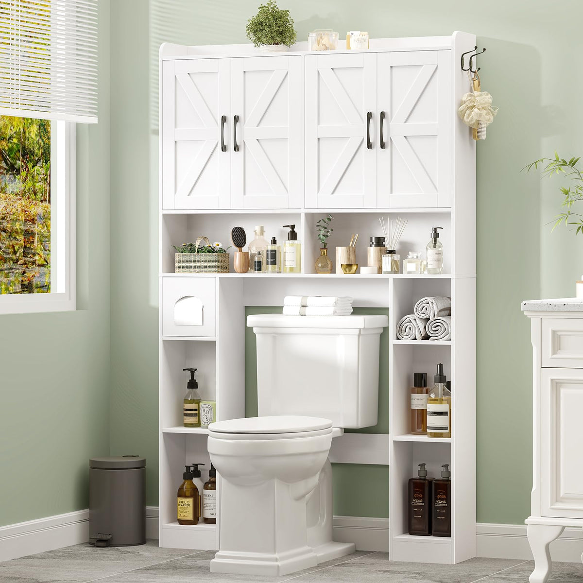 White Over The Toilet Storage Cabinet with 4 Doors Q98482