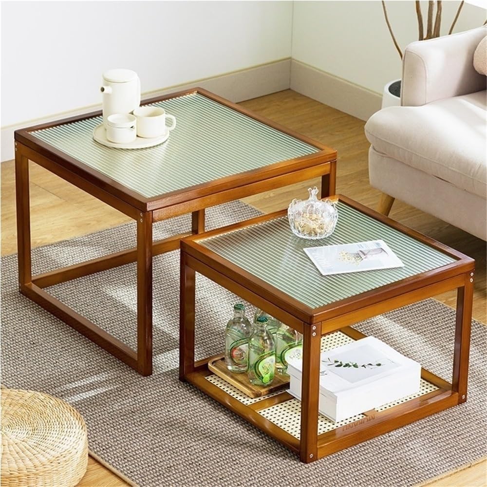 Set of 2 Square Glass Top Rattan Storage Coffee Table C56816