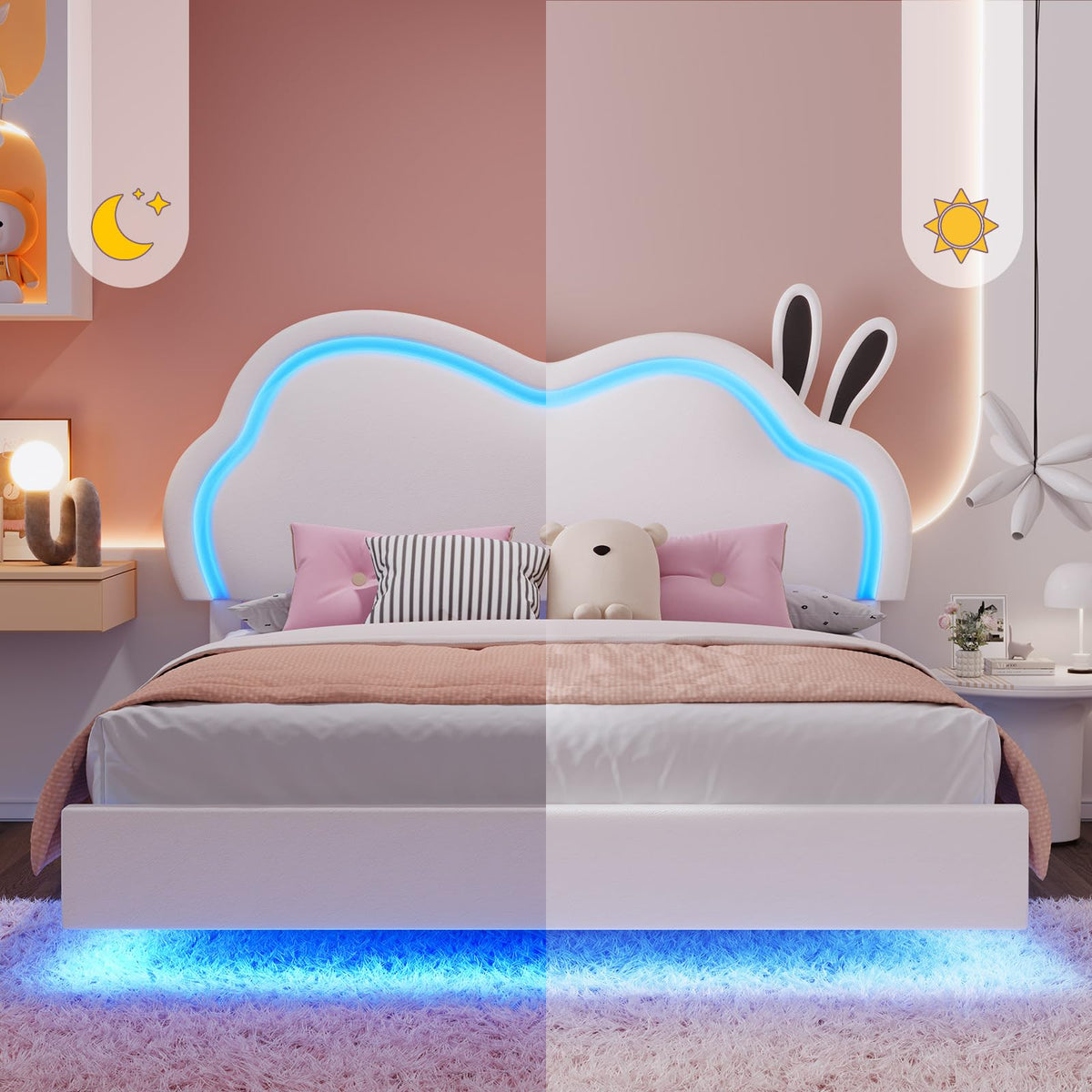 White Full Floating Bed Frame with Adjustable Headboard Q6730