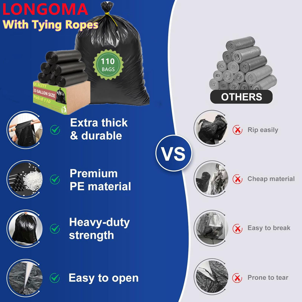 33 Gallon Heavy Duty Trash Bags 110 Count Black Can Liners V450162