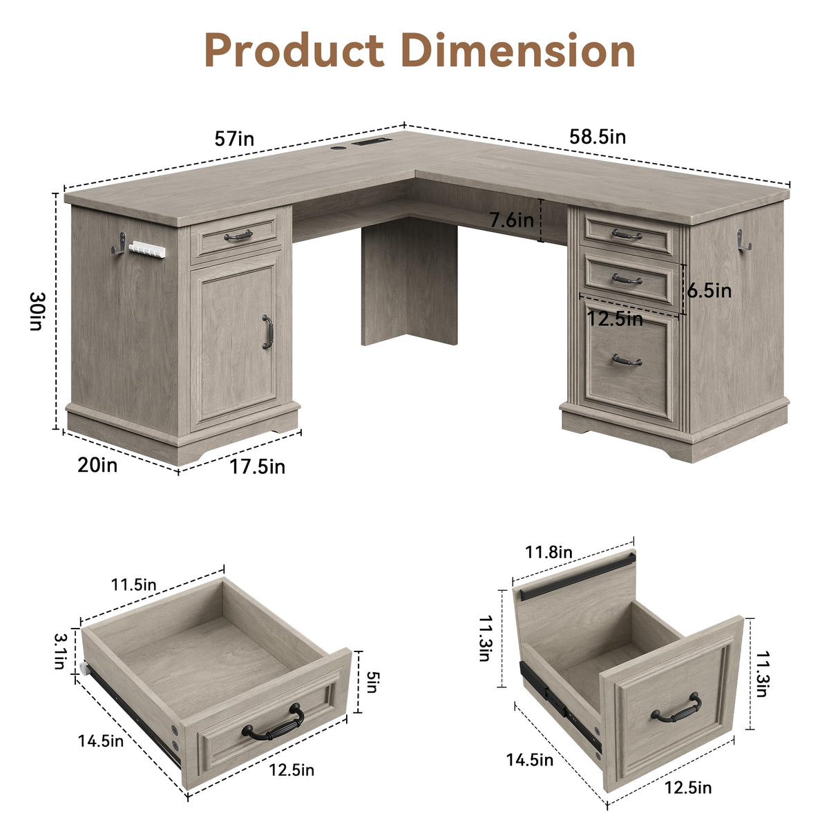 L Shaped Executive Desk with 4 Drawers Grey G823551