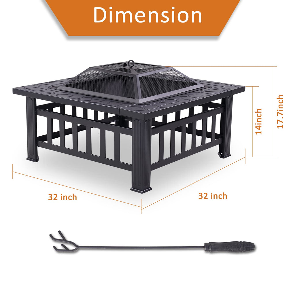 32 Inch Metal Square Outdoor Wood Burning Fire Pit Table F906645