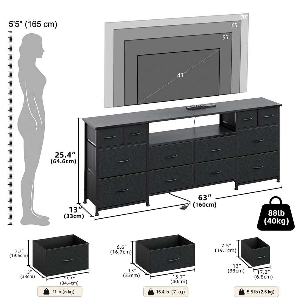 63 Inch 12 Drawer Black Dresser M877