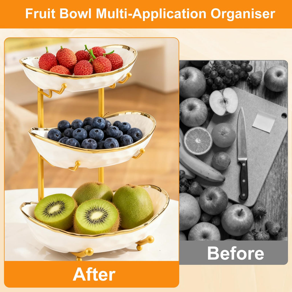 3 Tier Ceramic Fruit Bowl with Gold Metal Stand X73158