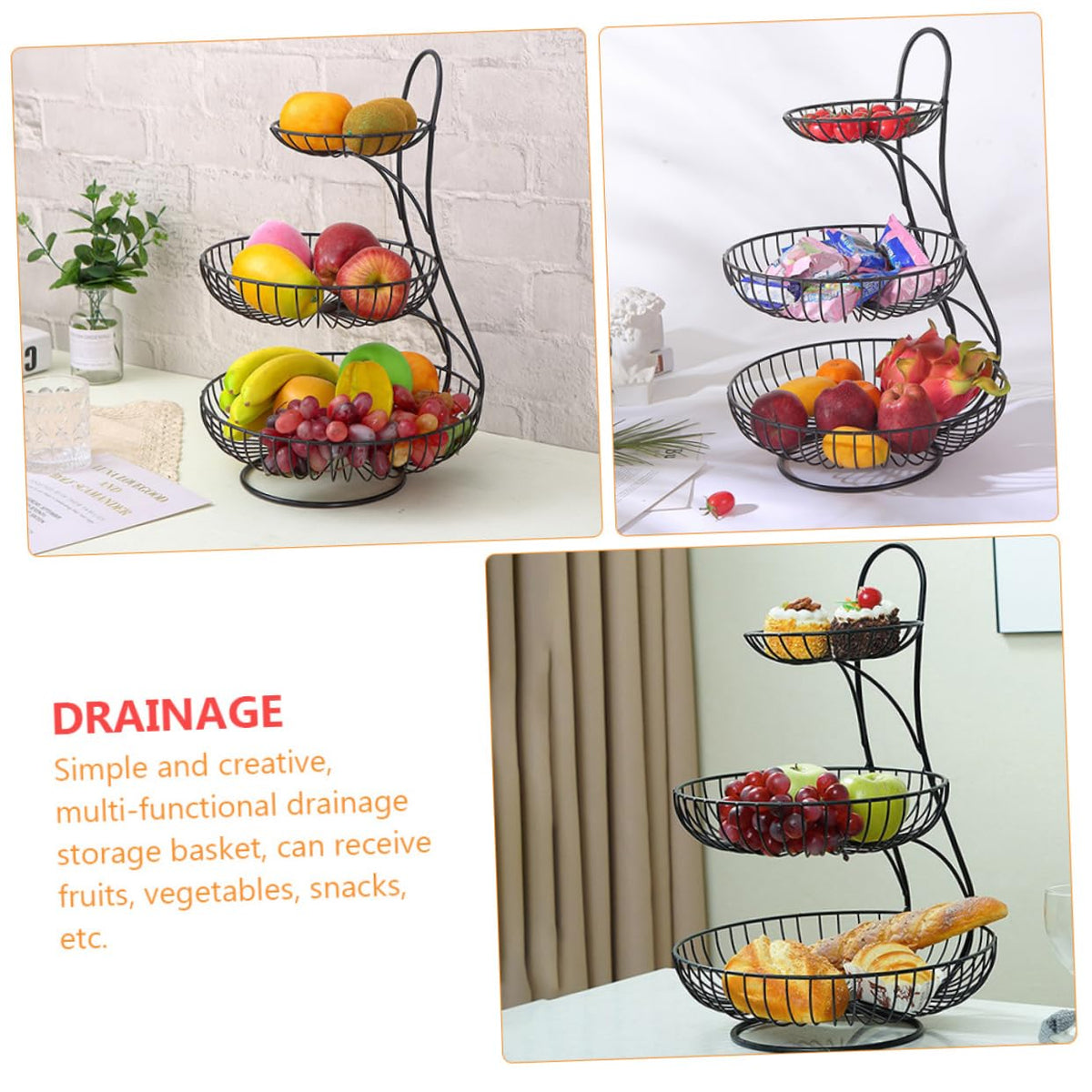 Black 3-Tier Iron Fruit Basket A35393