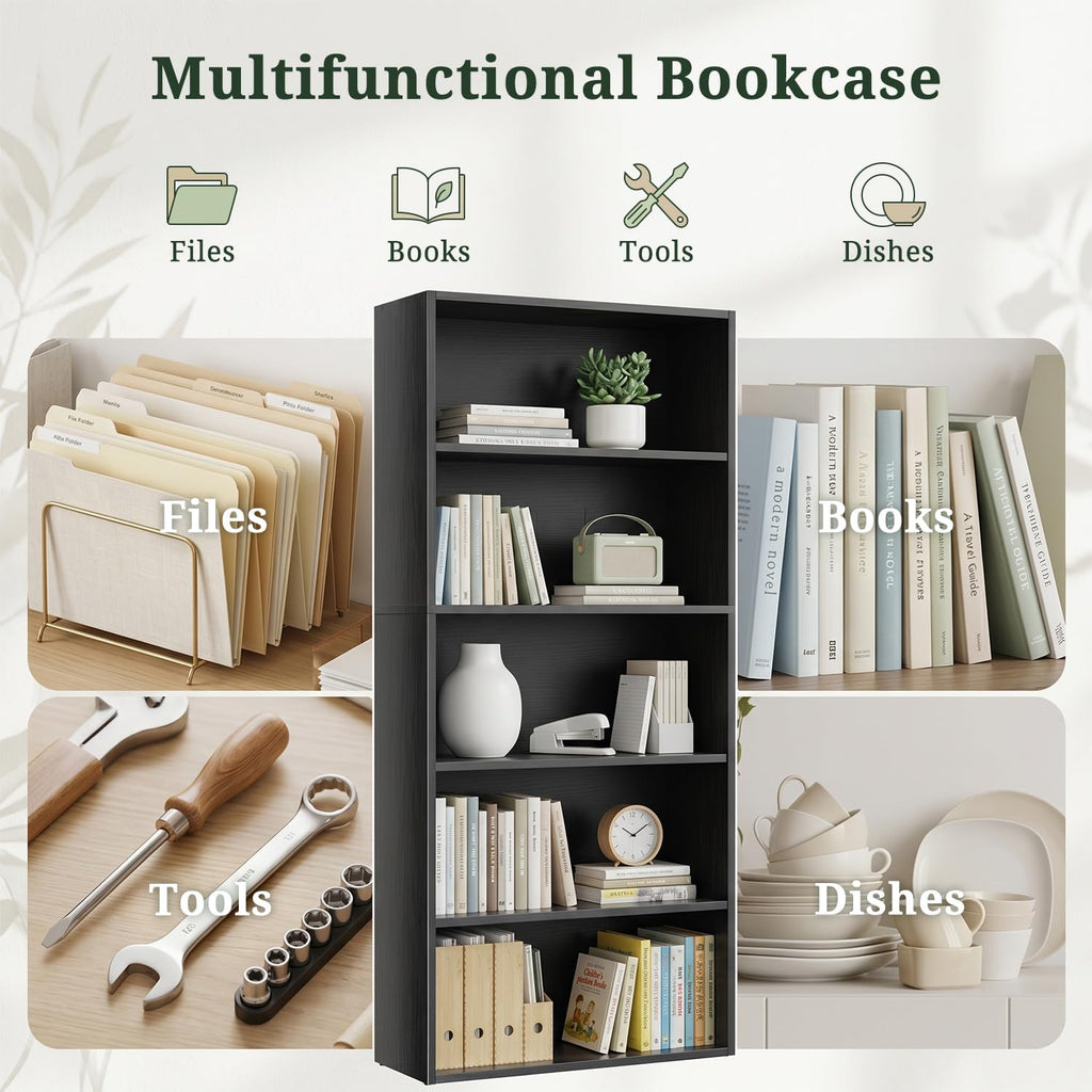 Black 5 Tier Bookshelf with Adjustable Shelves B97581