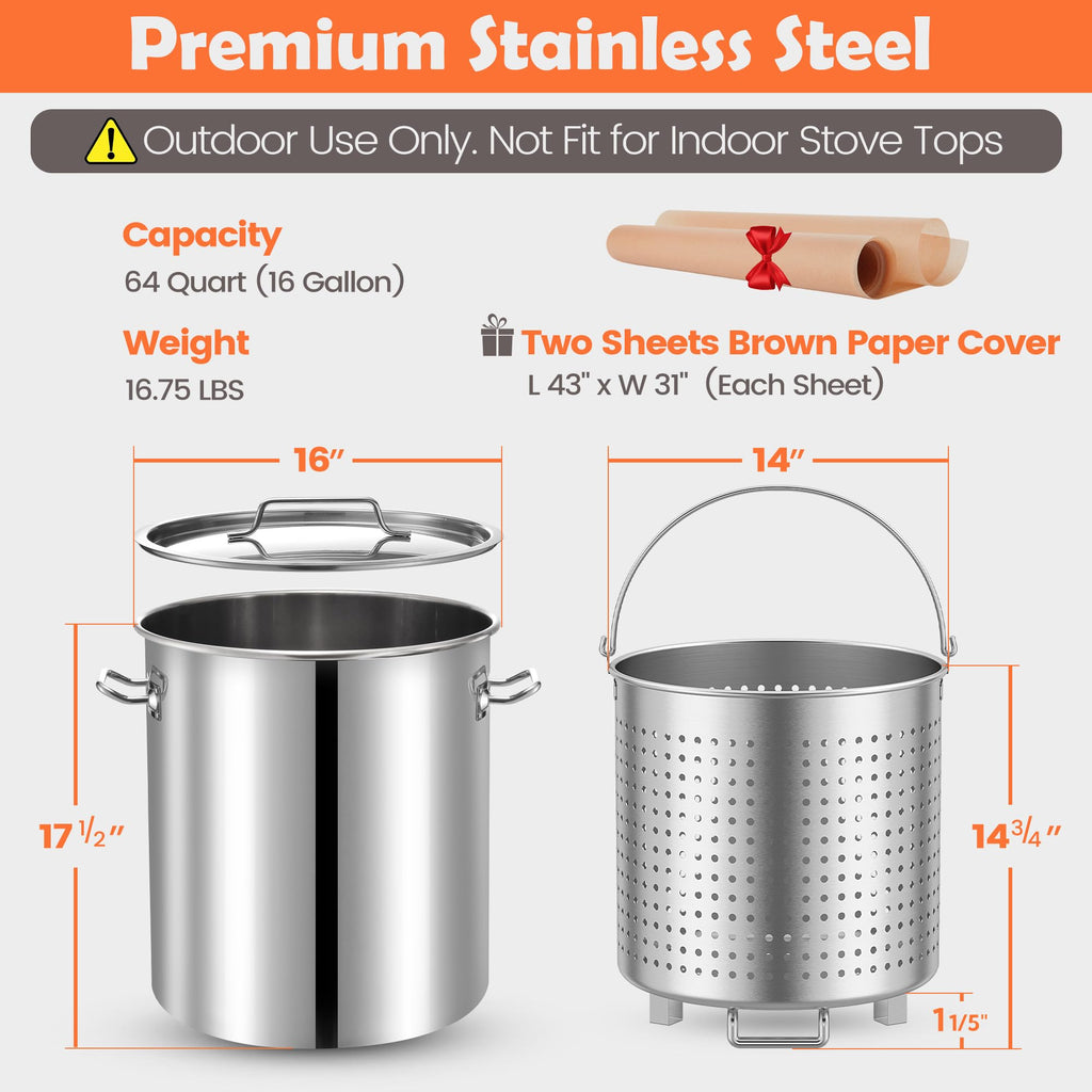 64 QT Stainless Steel Seafood Boil Pot with Basket I69202