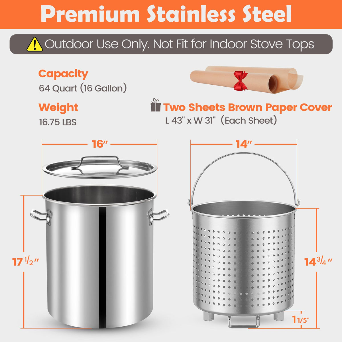 64 QT Stainless Steel Seafood Boil Pot with Basket I69202