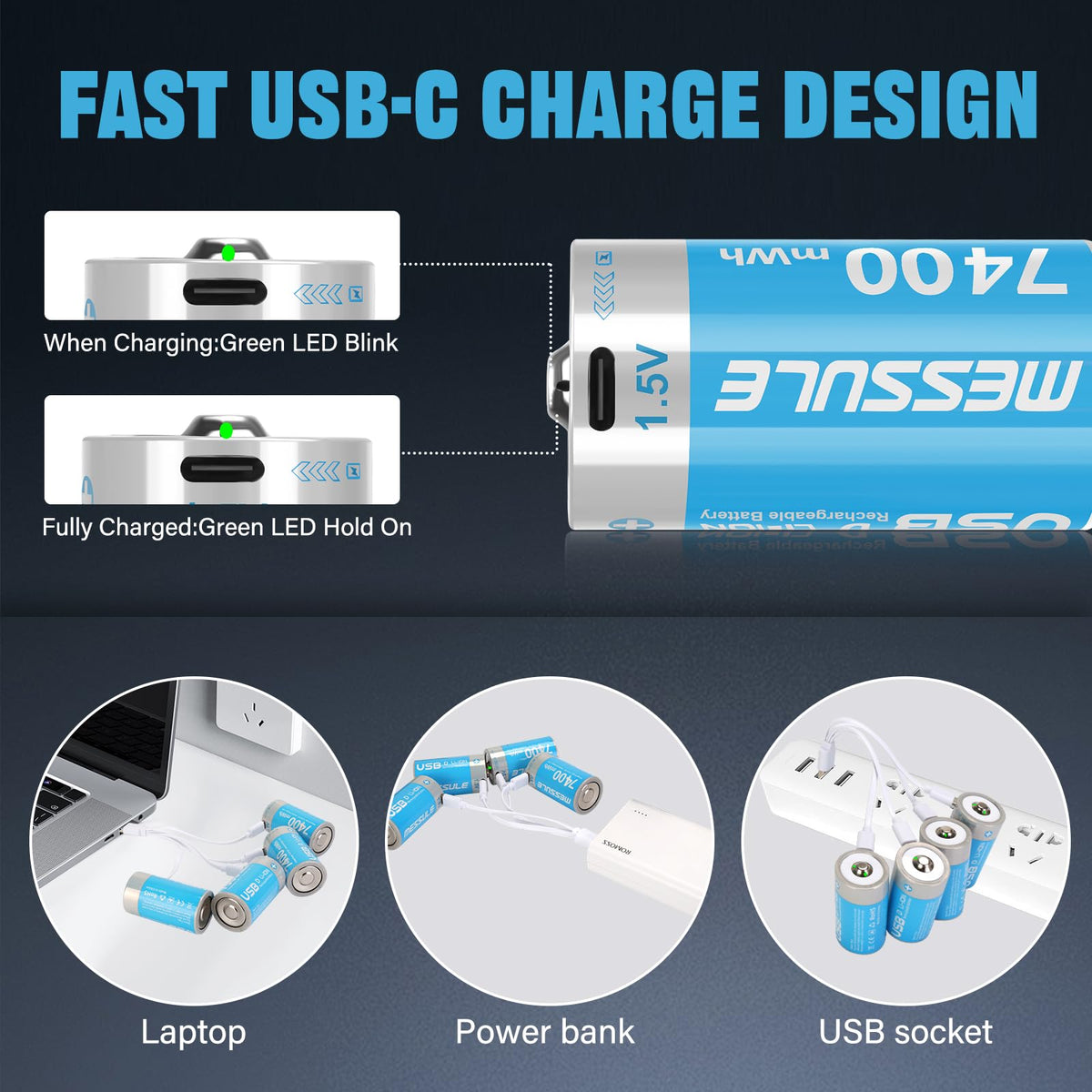 4 Pack 1.5V Rechargeable Lithium D Cell Batteries with USB-C Charge Cable M483