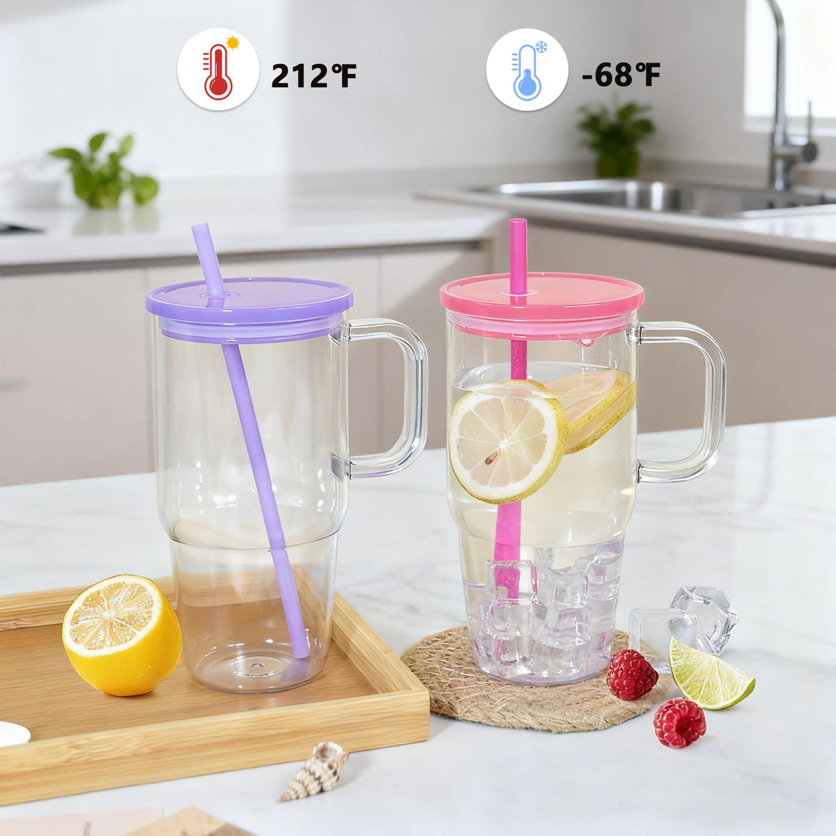 20oz 2Pack Clear Plastic Tumbler with Handle Lid and Straw B91462