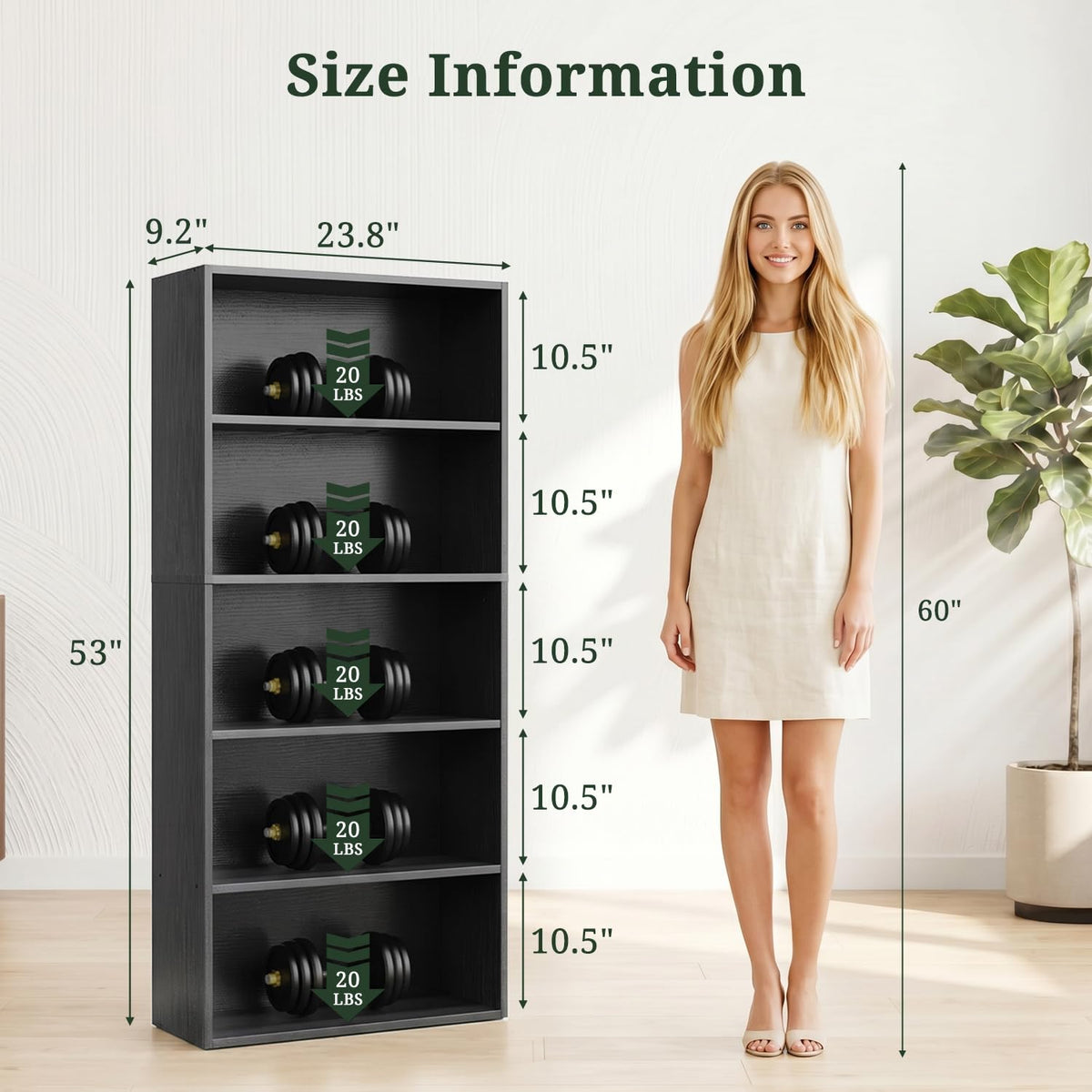 Black 5 Tier Bookshelf with Adjustable Shelves B97581