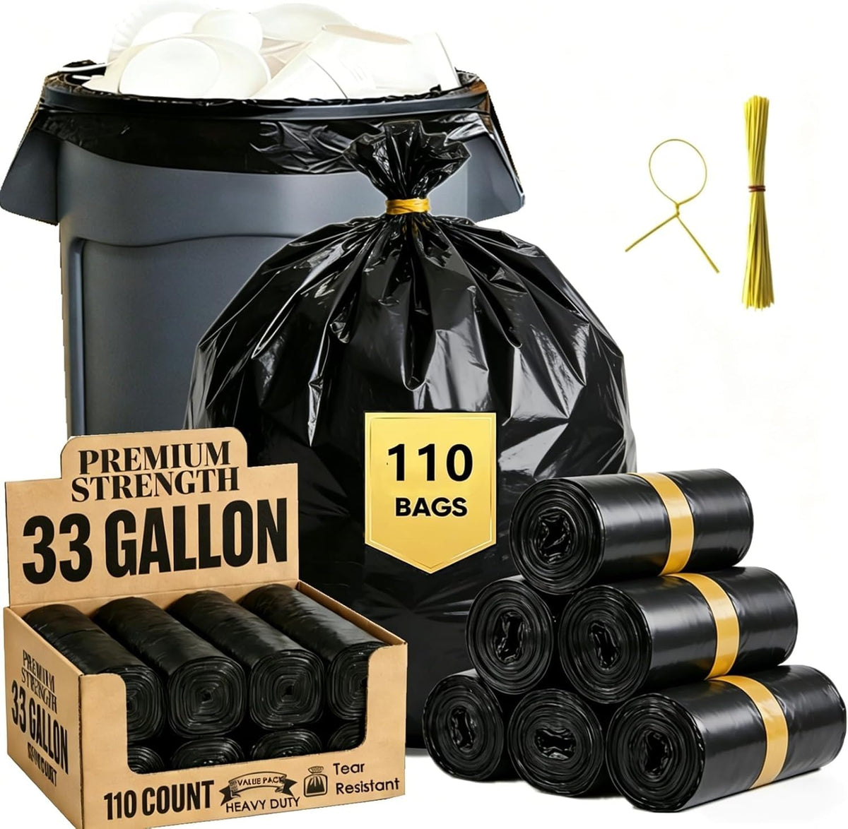 33 Gallon Heavy Duty Trash Bags 110 Count Black Can Liners V450162