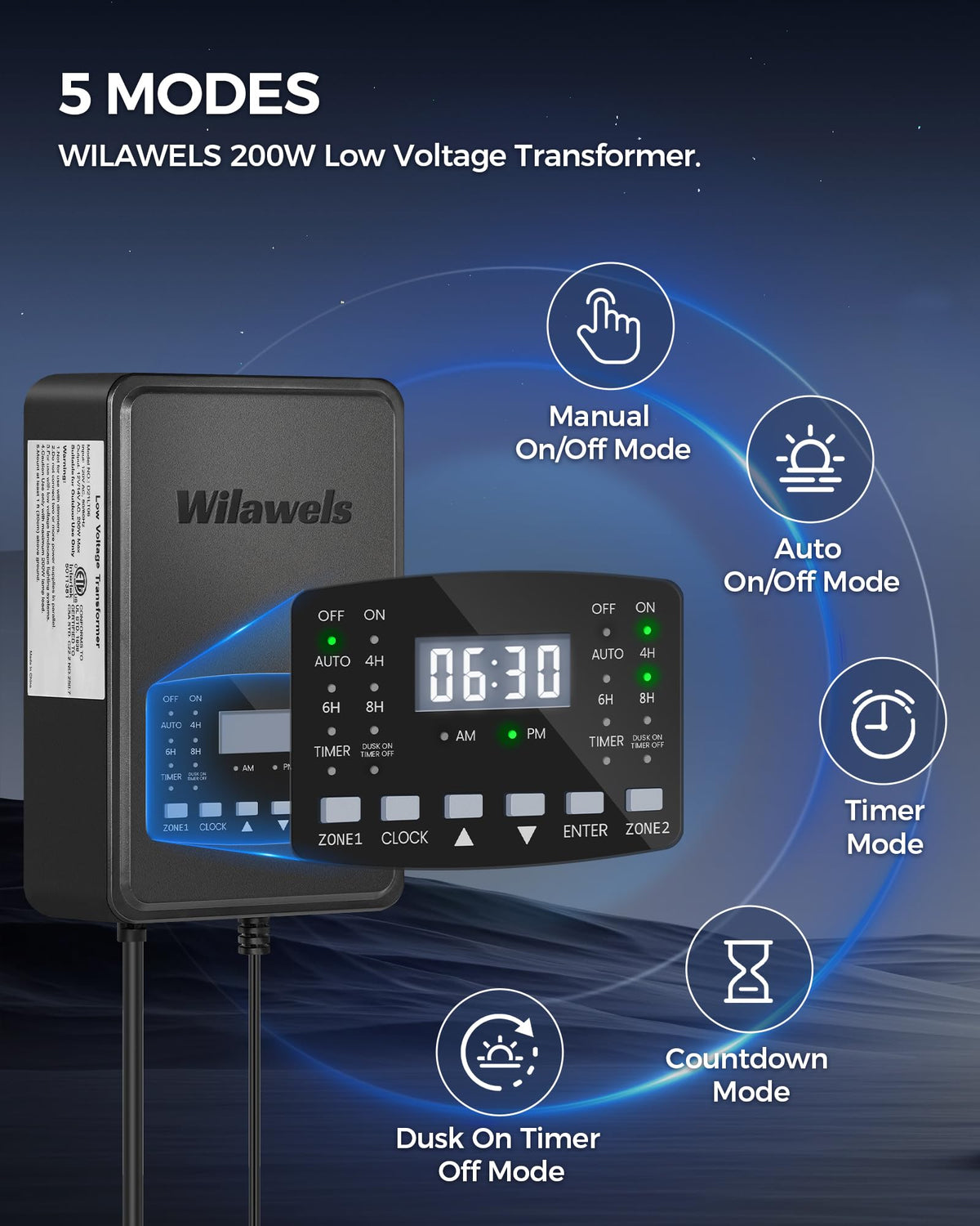 200W Low Voltage Landscape Transformer with Timer & Photocell Sensor T6342