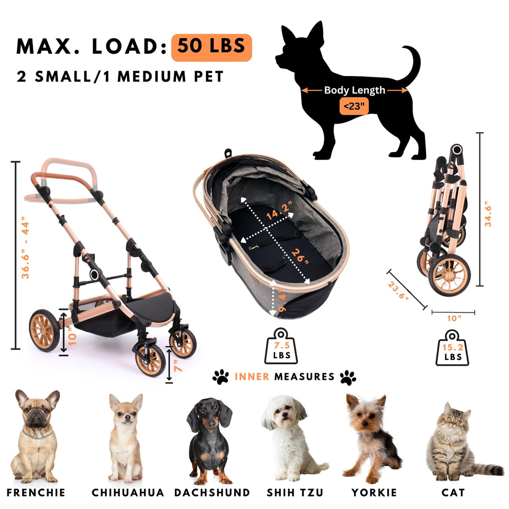 Dog Stroller with Detachable Carrier, Rubber Wheels, 50 lbs, Grey F55901