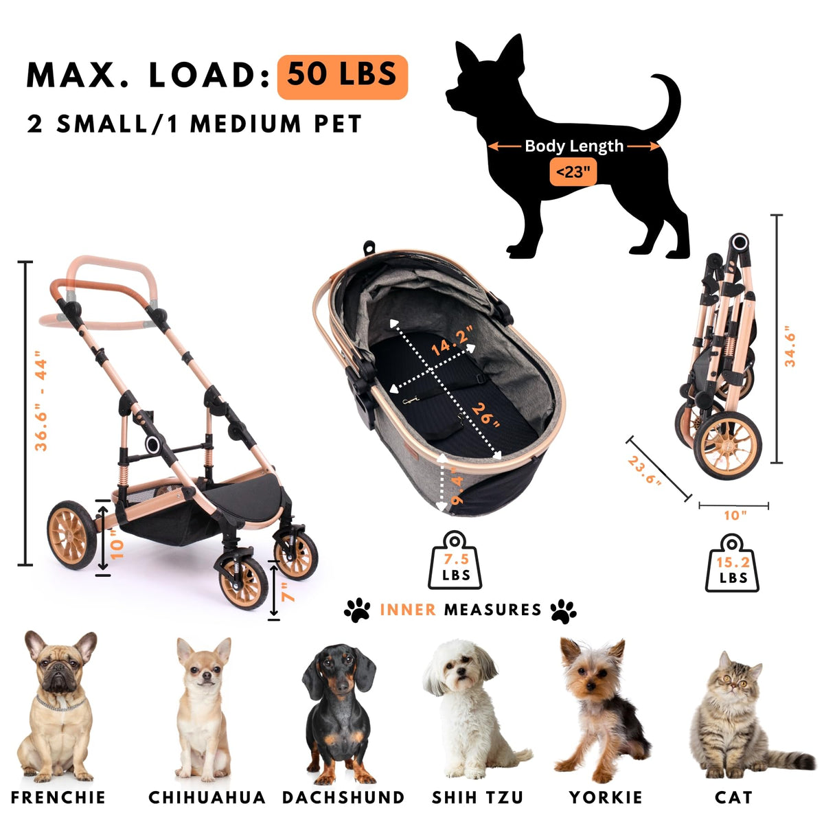 Dog Stroller with Detachable Carrier, Rubber Wheels, 50 lbs, Grey F55901