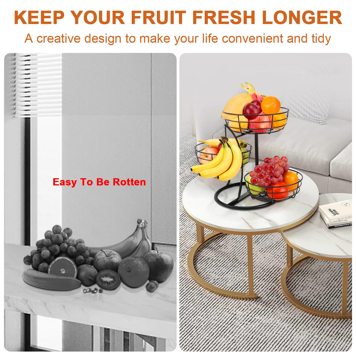 Fruit Basket Bowl with Banana Hanger, 3-Tier Metal Base Q989782