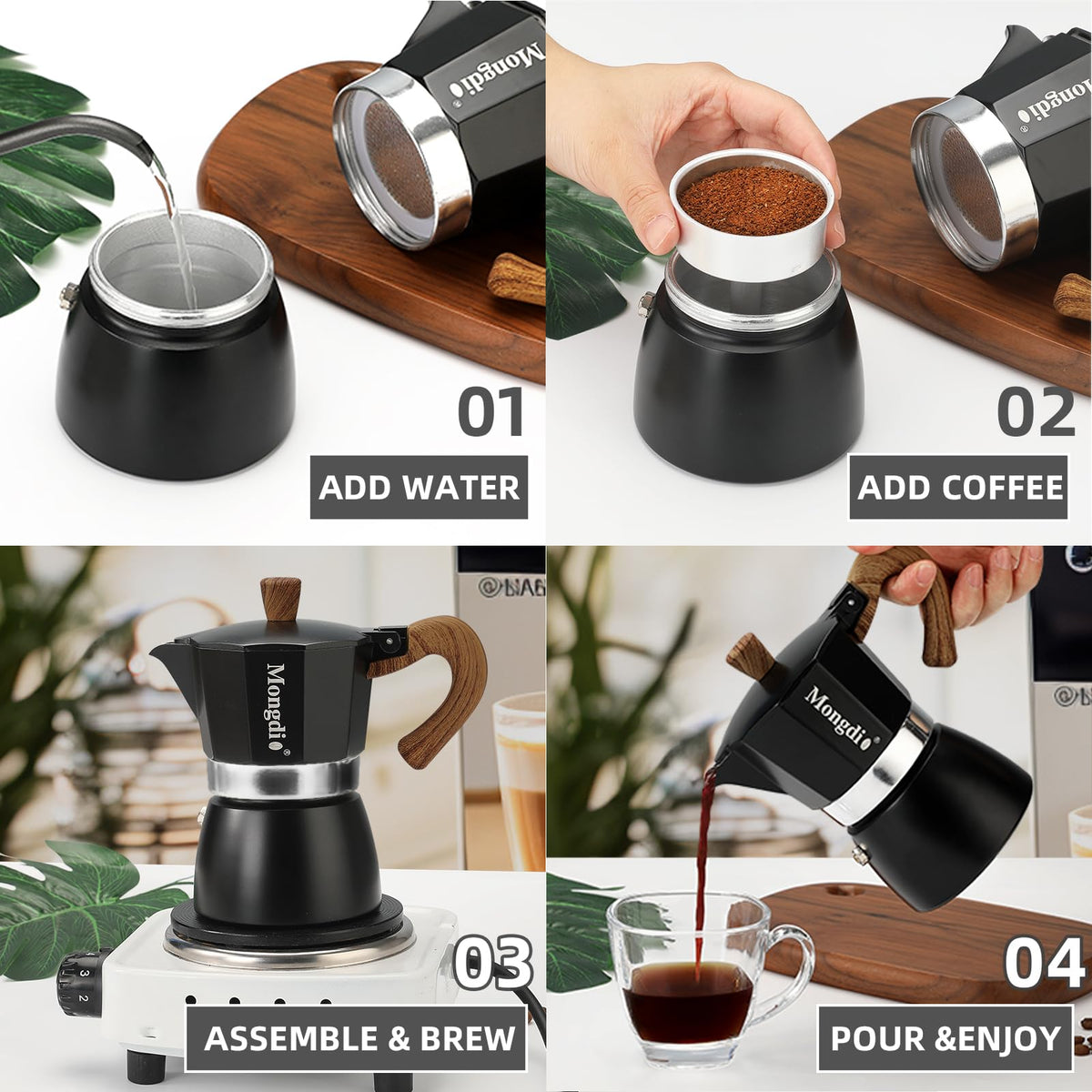 Stovetop Espresso Maker Moka Pot, 6 Cup 10 oz Black N741030