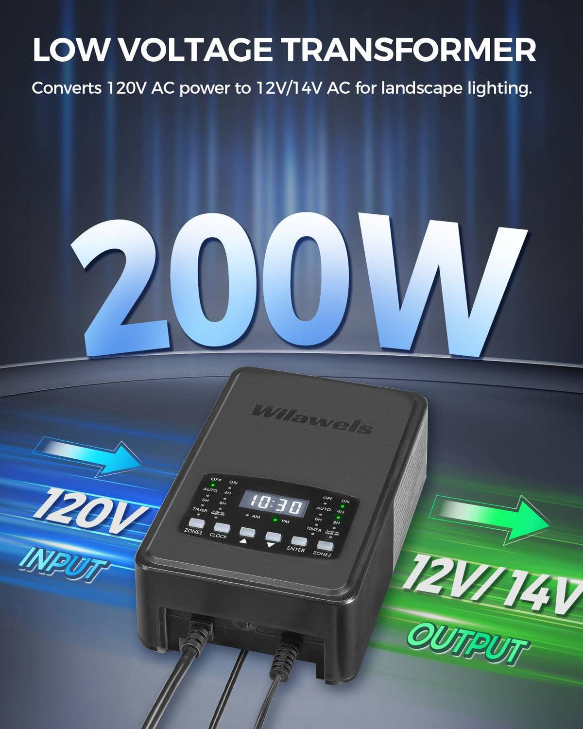 200W Low Voltage Landscape Transformer with Timer & Photocell Sensor T6342