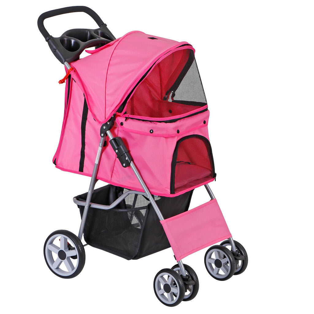 4 Wheels Folding Dog Stroller with Storage Basket, Pink V957