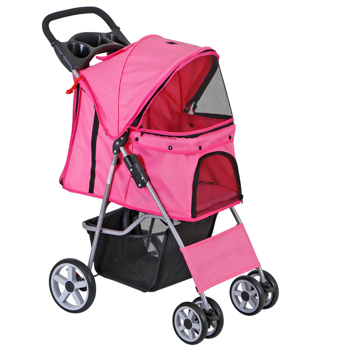 4 Wheels Folding Dog Stroller with Storage Basket, Pink V957